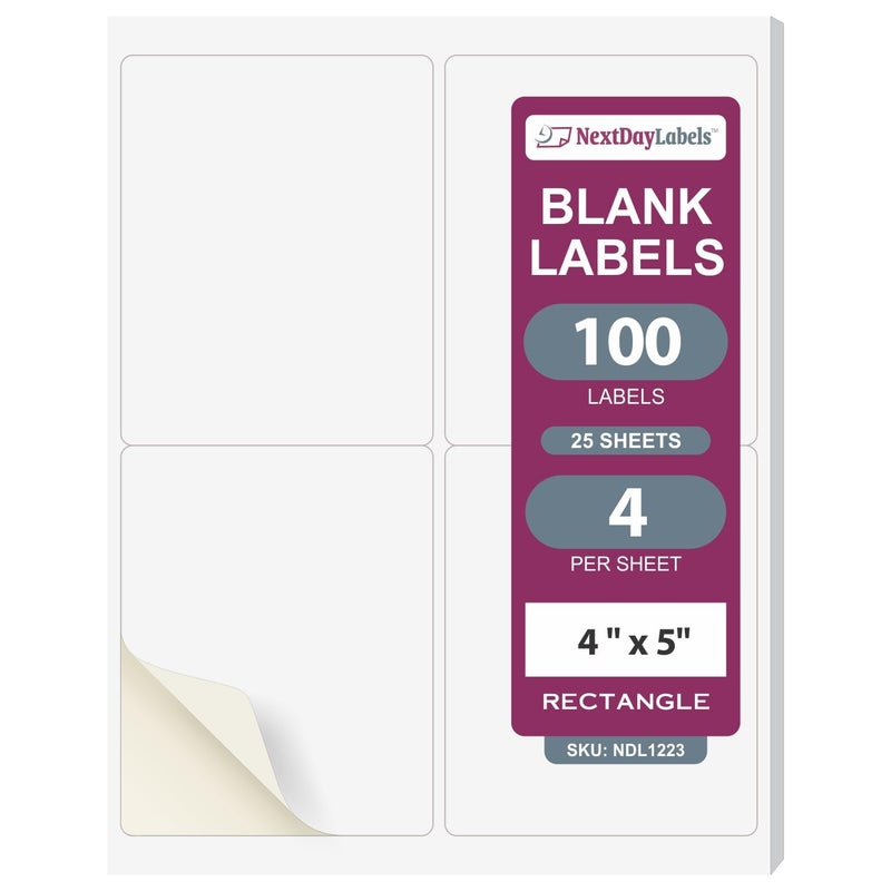 NextDayLabels â€“ 4â€ x 5â€ Rectangular Sticker Labels for Printer - White Laser/Inkjet Printer Labels Return Address Labels Shipping Label Stickers (25 Sheets, 4 Per Sheet, 100 Labels) - Image 1